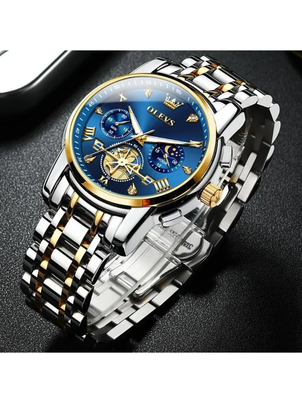 Mens Silver Blue Skeleton Stainless Steel Diamond And Calendar Chronograph Watch